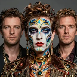 an award finning closeup facial portrait by akseli kallen gallela luis rogyo and john howe of a bohemian male cyberpunk traveller clothed in excessively fashionable 8 0 s haute couture fashion and wearing ornate art nouveau body paint