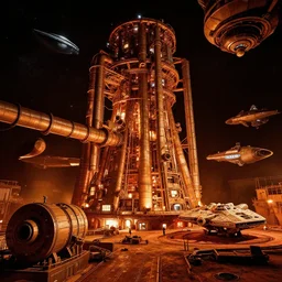 a warm colours, high contrast dark hyperreal deep space dock mining platform with massive piping inspired by nuclear reactor core maschinen krieger mri machine, chris foss, peter elson, millennium falcon space - station vuutun palaa submarine, ilm, beeple, star citizen halo, mass effect, starship troopers, elysium, the expanse, iron smelting pits, high tech industrial,