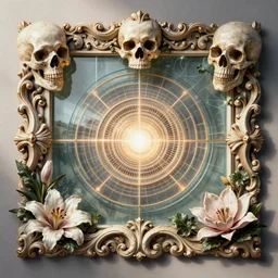 beautiful classical decorative ornament, skulls, glass bars, acanthus scrolls, lilies, ivy, anatomy, energy, geometry, magnolia, bones, petals, stems, fibonacci rhythm, artstation, art germ, wlop