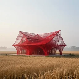 a parametric deconstructivism architecture farmhouse made of ethereal red thread and webs. the farmhouse stands in an rural american landscape with fields of wheat. designed by zaha hadid, foggy at dawn, wide camera angle, cinematic
