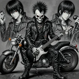 a portrait of the grim reaper as a punk rocker, punk, skeleton face, mohawk, dark, fantasy, leather jackets, spiked collars, spiked wristbands, piercings, boots, electric guitars, motorcycles, ultrafine detailed painting by frank frazetta and vito acconci and takeshi obata, death note style, detailed painting, symmetrical eyes