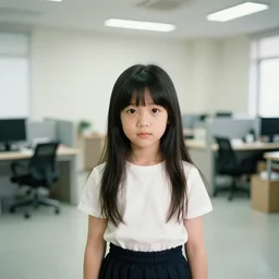 aged fujifilm superia photo of scarry doll in empty office rooms
