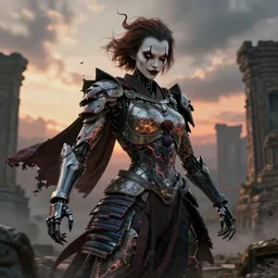 portrait of a diabolical cyborg clown samurai shaolin girl, torn cape, adaptive armor, dynamic pose, heavy eyes to the side, ancient ruins, glowing veins subsurface scattering, in clouds, sunset, portrait, by gerald brom, by mikhail vrubel, by peter elson, muted colors, extreme detail, reflections, trending on artstation, 8 k