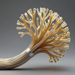 thousands of tubes and cables of translucent gold and silver form the shape of a branching coral that is unraveling and twisting to the side, hyperrealistic