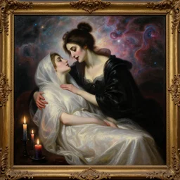 a renaissance oil painting by alma tadema of demonic beautiful vampire woman mistress of death mourning widow in cosmos, cloudy nebula background, faint smile dark lipstick, hair bun, dark lit candles, colourful pastel trending artstation, detailed portrait academic bouguereau caravaggio high shadow contrast medium shot, rococo frame