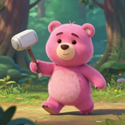 pink chocolate teddy bear walking in a forest in the croods movie style, holding a white fighting hammer, anime, disney, pixar, 8 k, hd, dof, kodak film, volumetric lighting, subsurface scattering, photorealistic, octane render, details
