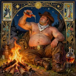 a dramatic, epic, ethereal painting of a !!!handsome!!! thicc chunky beefy mischievous shirtless with a big beer belly wearing a large belt and bandana offering a whiskey bottle | he is relaxing by a campfire | background is a late night with food and jugs of whisky | homoerotic cowboy | stars, tarot card, art deco, art nouveau, intricate | by Mark Maggiori (((and Alphonse Mucha))) | trending on artstation