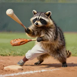 racoons playing baseball, hyperrealistic painting by rembrandt