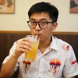 a closeup photo of a midget with glasses wearing a jellyfish shirt and having a drink