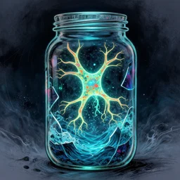 bioluminescent neurons floating jar of broken glass with a dramatic turbulent ocean, concept artists, backlit, intricate, indie studio, fantasy, rim lighting, vibrant colors, emotional, sketch, fantastical, whimsical, noise, stippling