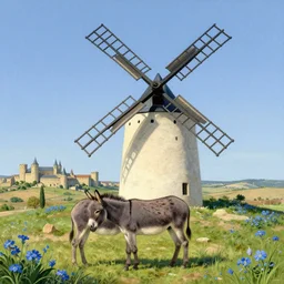 very long shot of a magnificent simplified windmill, wild beautiful Donkey, spots of blue flowers nearby, medieval french landscape, Carcassonne, outskirts of city of carcassonne in the background by Stanley Artgerm Lau, WLOP, Rossdraws, frank frazetta, Andrei Riabovitchev, Marc Simonetti, tranding on artstation