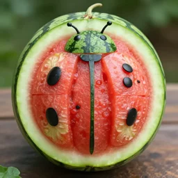 a watermelon carved in the shape of a ladybug