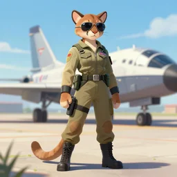 character full body portrait feature of the anthro female anthropomorphic puma bobcat mountain lion fursona wearing aviator sunglasses fighter jet pilot outfit uniform professional pilot for us air force character design stylized by charlie bowater, ross tran, artgerm, and makoto shinkai, detailed, soft lighting, rendered in octane, texas in background
