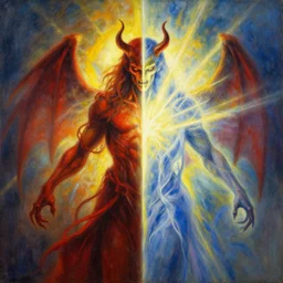 evil and badness attack the celestial being from one side, but from his other side emerges light and life. contrast of evil and good | painting by craig mullins