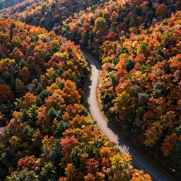 drone photo of new england autumn fall forest with winding road running through, autumn colours, prize winning national geographic photograph