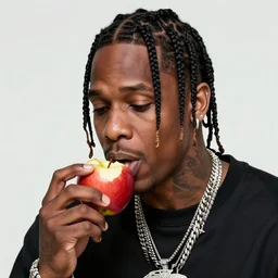 caricature of travis scott eating apple, artstation, 8 k, cgsociety, high detalied, high quality,