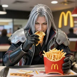 Sephiroth eating a big mac in McDonald's, highly detailed, 4k 1080p, shot on iphone,