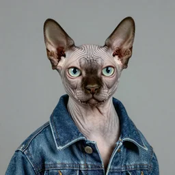full head photo portrait of a cute sphynx cat made of jeans jacket, medium shot, super realistic, crisp details, sharp, detailed, intricate, volumetric lights, cinematic, shit with hasselblad, octane render