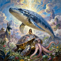 fantasy portrait, great leviathan, cybernetic turtle cephalopod terrapin reptilian pachyderm squid, bella hadid, hybrid, milla jovovich, anubis epic islamic city, natural light, lush plants flowers, spectacular mountains, bright clouds, luminous sky, outer worlds, michael cheval, edward hopper, michael whelan, oil painting, hd,