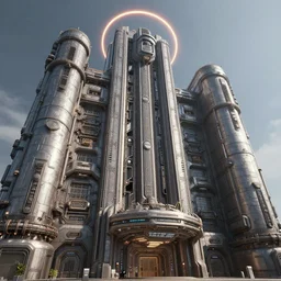 low angle 3 d sculpt of massive town hall beveled architecture, massive pipeline with layered complex cyberpunk'scifi digital movie camera'' power station'complex industrial military building facade, halo, star wars, ilm, star citizen halo, mass effect, high tech industrial, artstation unreal