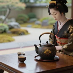 ceremony of tea in garden, a geisha, old traditional japanese tea pot, two smoky cup of tea on a wood table, smooth lightings, japanese zen garden detailed background, micro details, ( ( ( ( intricate ) gold details ) ) ), photorealism, crisp, hasselblad camera, by annie leibovitz and moebius
