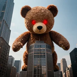 a skyscraper sized evil teddy bear with glowing red eyes looming menacingly with it's paws open over new york city