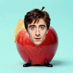 a apple with legs with the face of daniel radcliffe, photo art