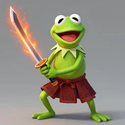 Kermit the Frog as a samurai warrior, holding a fire samurai sword, trending on artstation, 4k