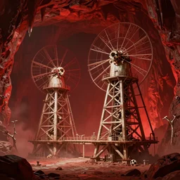 constructed of human bone, giant mills, underground cavern, haze, hellscape, only red, highly detailed