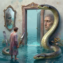hyperreal ultra detailed hypnagogic recollections from the waters of the unconscious, a 3 d psychopomp watching on, spray paint, pallet knife, a man's face, a mirror, a doorway threshold, a huge snake, smooth, ornate octane render