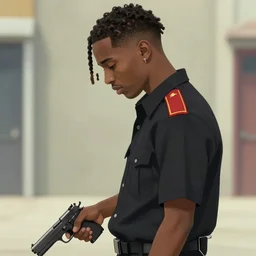 young bobby shmurda!! wearing uniform, holding pistol at side, side view, looking down | | audrey plaza, fine detail!! anime!! realistic shaded lighting!! poster by ilya kuvshinov katsuhiro otomo ghost - in - the - shell, magali villeneuve, artgerm, jeremy lipkin and michael garmash and rob rey