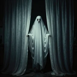 Curtain Ghost by Mark Arian, dark, horror, surrealism, horror scene, by Santiago Caruso
