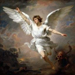 a beautiful male angel wearing white angelic clothes flying among heaven and hell painted by thomas cole