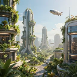 a futuristic city with plants growing and ships are flying in the air. daylight. sunlight. light fixtures. 8 k. detailed. photorealism. artstation. 2 5 mm f / 1. 7 asph lens. ultra realistic
