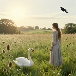 thistles, dew on the grass, sun, woman and a swan. a meadow, late english summer. folk horror style. beautiful. gothic. dreamy. rooks