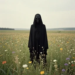 mystical black death god standing in tall meadow of flowers, distant, vintage film photo, grainy, high detail, high resolution