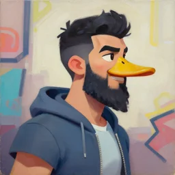 greg manchess portrait painting of a young ducktail bearded middle eastern american male as overwatch character, medium shot, asymmetrical, profile picture, organic painting, sunny day, matte painting, bold shapes, hard edges, street art, trending on artstation, by huang guangjian and gil elvgren and sachin teng