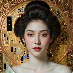 face centered portrait, artwork by james jean, hyperdetailed realistic smooth polished porcelain, beautiful thai queen, jean delville, art nouveau, gustav klimt, ornate copper patina gothic icon, james jean, ultrasharp hyperdetailed photorealistic octane render