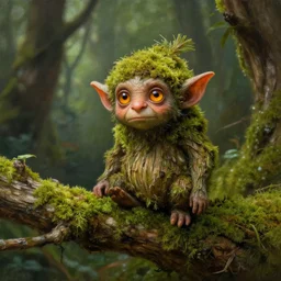 beautiful highly detailed painting of a tiny forest goblin made of moss and wood, with amber eyes, perched on a mossy branch, by brian froud, jb monge, fantasy, folklore, very detailed, high quality