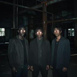 grainy photo of three dark human figures with glowing eyes in a dark abandoned rusty factory at night taken with a camera flash