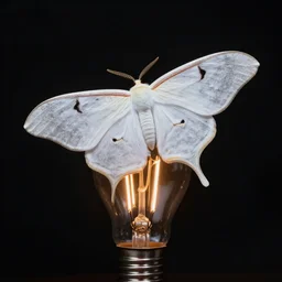 errie dreamlike matte painting of a beautiful white moth sitting on an edison bulb in empty black space, cgsociety, artstation