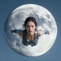 a 3 d render of a giant moon. there is a portrait of a close up woman swimming in the sky. she is wearing sci - fi clothes. the woman has fine facial features. image by beeple and james jean, aya takano color style, 8 k, super detailed, modern, 4 k, symmetrical