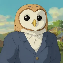 anthropomorphic barn owl dressed in a suit Studio Ghibli