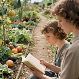 Utopia by Eric Rohmer, old roads are transformed into gardens growing fruits and vegetables, Vivianne and Erika are reading philosophy, solarpunk, futuristic, close-up, 8K, 16mm, very beautiful, stunning, calm atmosphere, warm