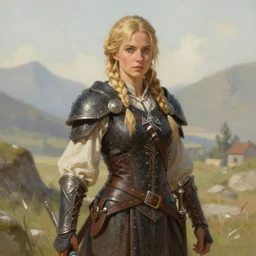housecarl lydia from skyrim in battle attire, portrait, outdoors, illustration, rim light, top light, perfectly shaded, soft painting, art by ross tran, krenz cushart and wenjun lin