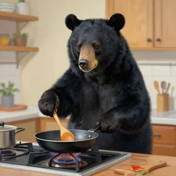 a painting of a black bear cooking in the kitchen using a skillet and a wooden spoon as utensils