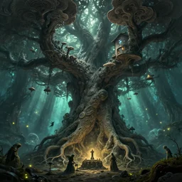world tree, massive tree, tree, roots, treant, subtle patterns, intricate texture, highly detailed, alien world, fungal, underwater, light shafts, light diffusion, natural, fireflies, magical, magical tree, fungal growth, fractal fungus, mushroom fractals, tree house, fairies, fairy forest, machine elves, forest portal, cultists, cult ritual, sacrifice, altar, sacrificial altar