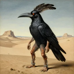 Feathers Eyes Beak beak neck Exterior Desert Oasis dessicated physique demonic crow wearing a man costume whilst wearing chains leg irons giorgio de chirico Jan Van eyck bastien lecouffe-deharme zdizlaw beksinski odd nerdrum dragan bibin john steuart curry dan witz