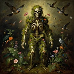 'Life from death' A horrifyingly detailed aesthetic horror full body portrait painting depicting 'A mossy skeleton with plants and flowers growing all over it, birds and insects flying all around it' by giuseppe arcimboldo and Rembrandt, Trending on cgsociety artstation, 8k, masterpiece, cinematic lighting, highly detailed, vibrant colors.
