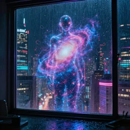 one cyber godly person made of cosmic nebula galaxy energy watching a rainy colorful complex cyberpunk futuristic holographic city from behind at night through a window in a room, reflections, 8 k, photorealistic, concept art, wet, highly detailed, cinematic mood by ridley scott, ghost in the shell, trending on artstation, glowing and epic